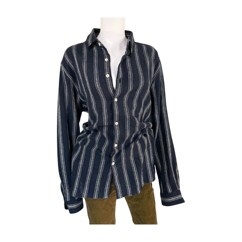 Zara Navy Blue Striped Cotton Button-Up Blouse | Oversized Fit | USA XL - Picture 9 of 10